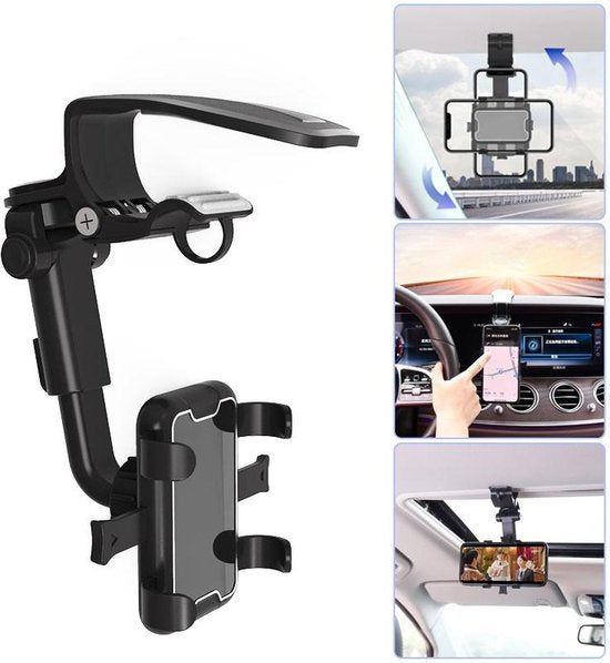 Telefoonhouder auto – 360° draaibaar – Verstelbaar – Dashboard/Stuur/Zonneklep montage – Zwart-Ilumina Benelux