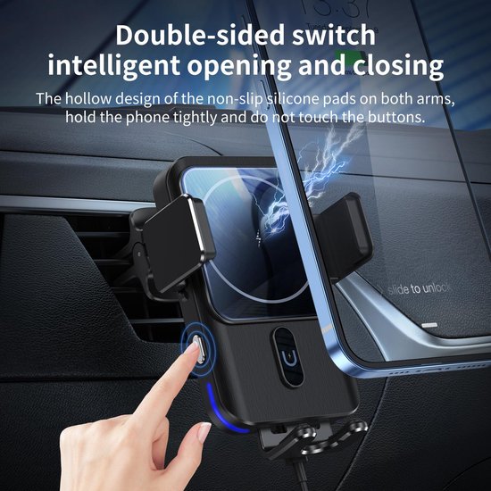 Telefoonhouder auto – Dashboard/Ventilatierooster/Voorruit – 15W draadloze oplader – Gravity klem – Zwart-Ilumina Benelux