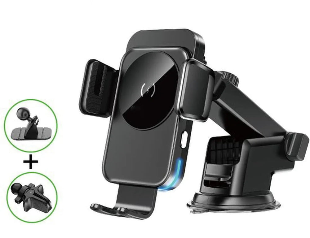 Telefoonhouder auto – Dashboard/Ventilatierooster/Voorruit – 15W draadloze oplader – Gravity klem – Zwart-Ilumina Benelux