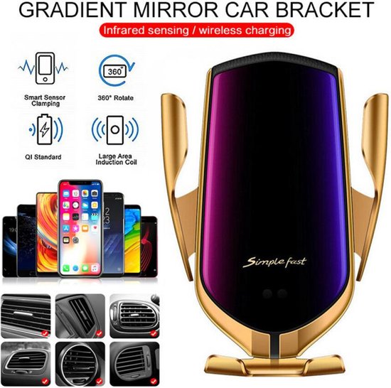 Telefoonhouder auto – Draadloze autolader Qi 10W – Ventilatierooster – Automatische inductie – Snelladen – Goud-Ilumina Benelux