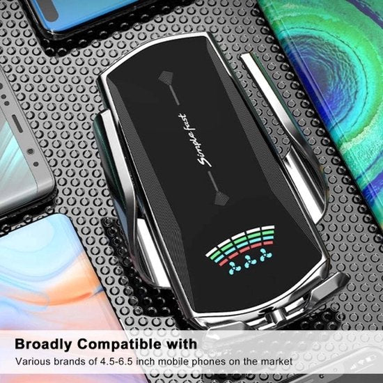 Telefoonhouder auto – Draadloze autolader luchtrooster – Snelladen – Geschikt voor iPhone & Samsung 4,5-6,5 inch – Gun Metallic-Ilumina Benelux