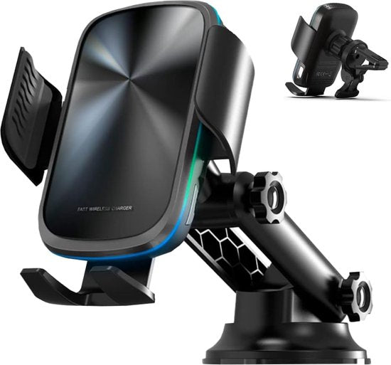 Telefoonhouder auto – Draadloze oplader 15W – Infrarood sensor – Quick Charge autolader – Raam/Dashboard/Ventilatierooster/Bureau – Zwart-Ilumina Benelux