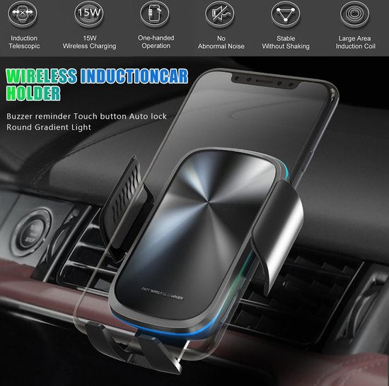 Telefoonhouder auto – Draadloze oplader 15W – Infrarood sensor – Quick Charge autolader – Raam/Dashboard/Ventilatierooster/Bureau – Zwart-Ilumina Benelux