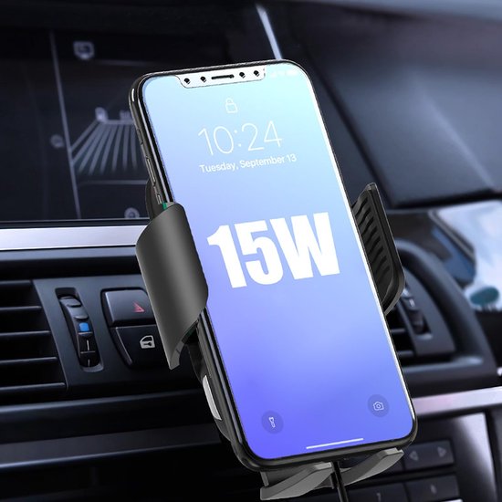 Telefoonhouder auto – Draadloze oplader 15W – Infrarood sensor – Quick Charge autolader – Raam/Dashboard/Ventilatierooster/Bureau – Zwart-Ilumina Benelux