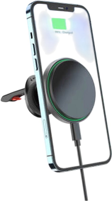 Telefoonhouder auto – Magnetisch met Qi draadloze oplader 15W – Ventilatierooster montage – Metalen ring – Zwart-Ilumina Benelux