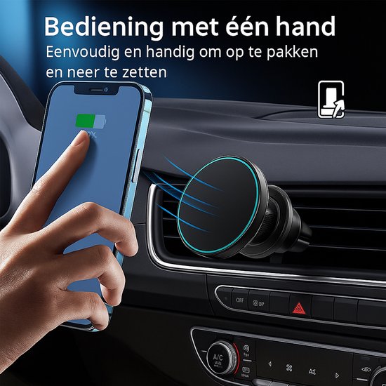 Telefoonhouder auto – Magnetisch met Qi draadloze oplader 15W – Ventilatierooster montage – Metalen ring – Zwart-Ilumina Benelux