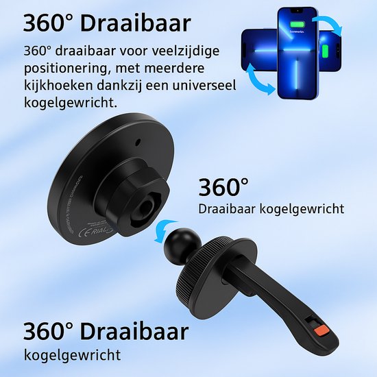Telefoonhouder auto – Magnetisch met Qi draadloze oplader 15W – Ventilatierooster montage – Metalen ring – Zwart-Ilumina Benelux