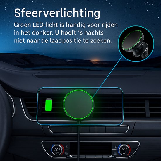 Telefoonhouder auto – Magnetisch met Qi draadloze oplader 15W – Ventilatierooster montage – Metalen ring – Zwart-Ilumina Benelux
