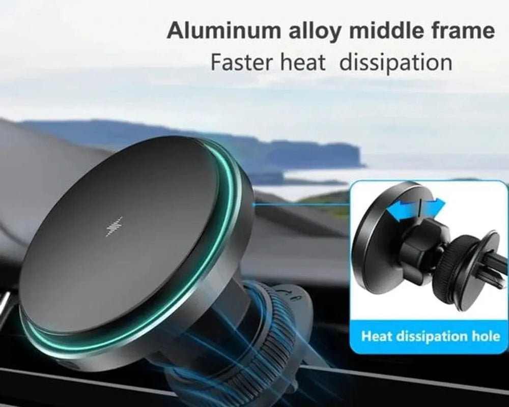Telefoonhouder auto – Magnetisch met Qi draadloze oplader 15W – Ventilatierooster montage – Metalen ring – Zwart-Ilumina Benelux