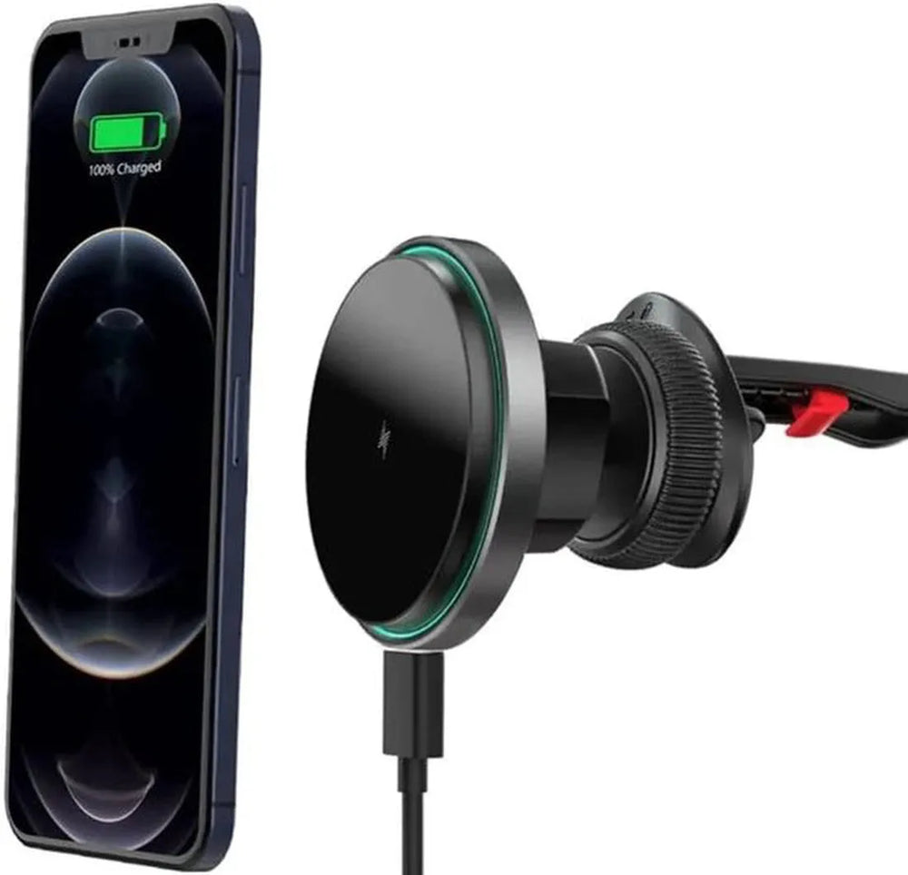 Telefoonhouder auto – Magnetisch met Qi draadloze oplader 15W – Ventilatierooster montage – Metalen ring – Zwart-Ilumina Benelux