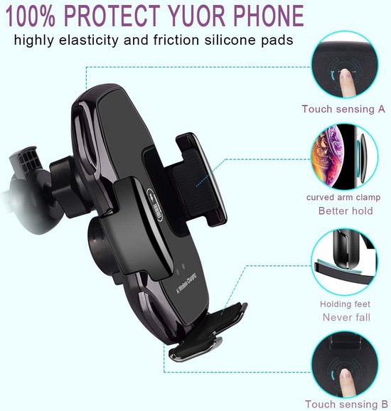 Telefoonhouder auto – Qi draadloze oplader 10W snelladen – Infrarood sensor – Ventilatierooster – 360° draaibaar – Zwart-Ilumina Benelux