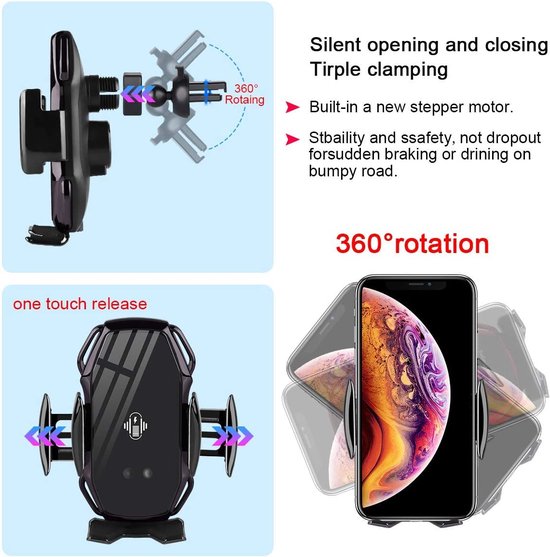 Telefoonhouder auto – Qi draadloze oplader 10W snelladen – Infrarood sensor – Ventilatierooster – 360° draaibaar – Zwart-Ilumina Benelux