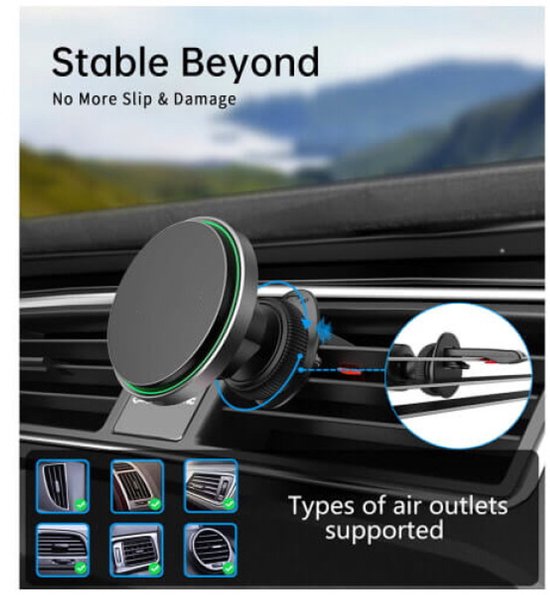 Telefoonhouder auto – Qi draadloze oplader 15W – Snelladen – Ventilatierooster & dashboard – MagSafe compatibel – Zwart-Ilumina Benelux