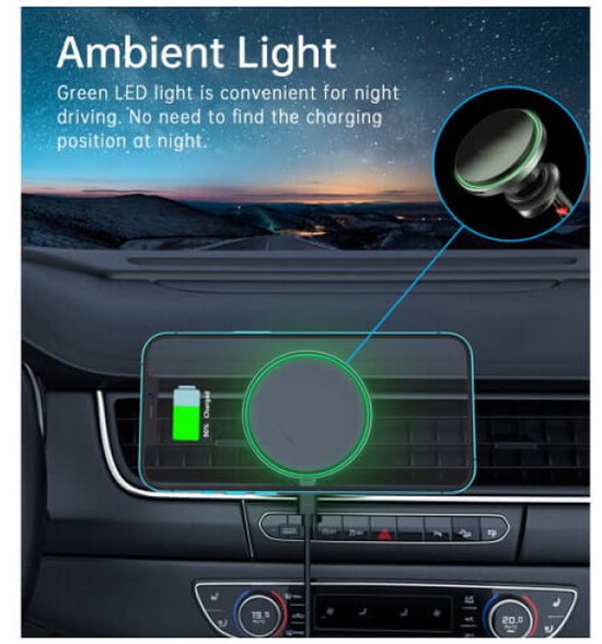 Telefoonhouder auto – Qi draadloze oplader 15W – Snelladen – Ventilatierooster & dashboard – MagSafe compatibel – Zwart-Ilumina Benelux