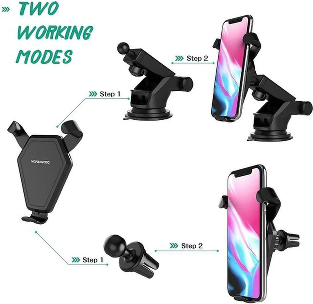 Telefoonhouder auto – Qi draadloze oplader – Universeel – Ventilatierooster & Voorruit montage – Zwart-Ilumina Benelux