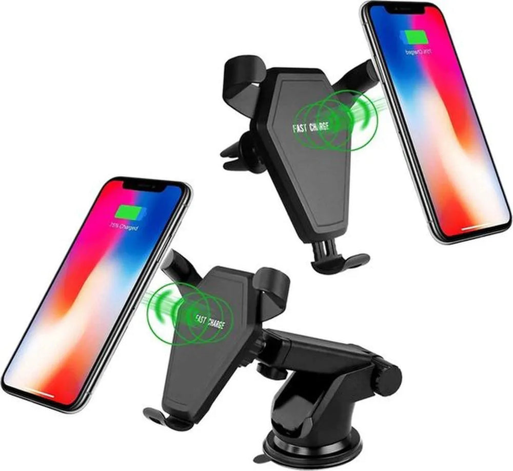 Telefoonhouder auto – Qi draadloze oplader – Universeel – Ventilatierooster & Voorruit montage – Zwart-Ilumina Benelux