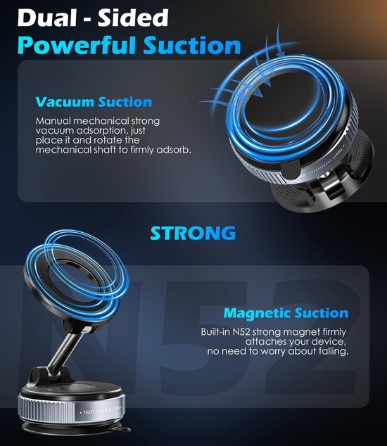 Telefoonhouder auto – Vacuüm Zuignap – Magnetisch – 360° Draaibaar & Opvouwbaar – Zwart-Ilumina Benelux