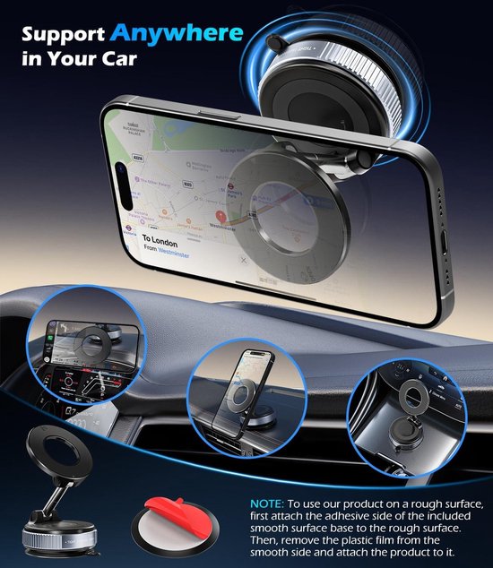 Telefoonhouder auto – Vacuüm Zuignap – Magnetisch – 360° Draaibaar & Opvouwbaar – Zwart-Ilumina Benelux