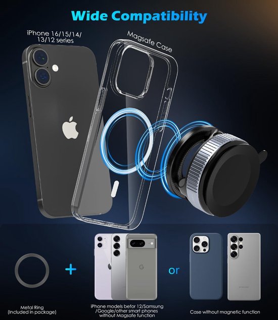 Telefoonhouder auto – Vacuüm Zuignap – Magnetisch – 360° Draaibaar & Opvouwbaar – Zwart-Ilumina Benelux