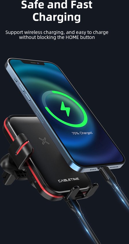Telefoonhouder auto – Ventilatierooster – 15W Qi draadloze snellader – Automatische klem – Geschikt voor iPhone & Android – Zwart-Ilumina Benelux