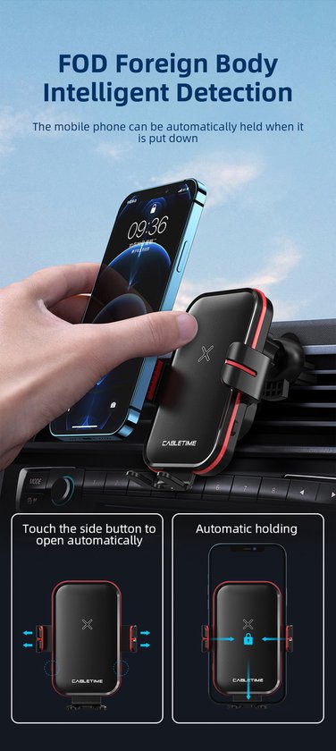 Telefoonhouder auto – Ventilatierooster – 15W Qi draadloze snellader – Automatische klem – Geschikt voor iPhone & Android – Zwart-Ilumina Benelux