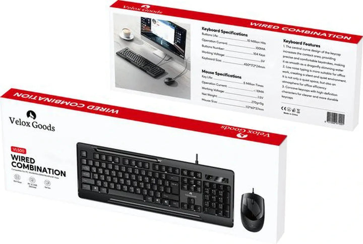 Toetsenbord en muis set – Velox Goods VL-500 – Bedraad – Stil – Spatwaterdicht – Plug & Play-Toetsenbord en muis-Ilumina Benelux