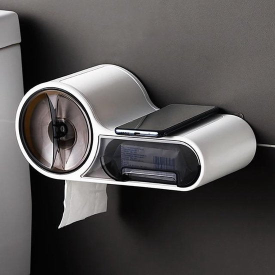 Toiletrolhouder – Met lade & legplank – Zonder boren – Hangend – Zwart-Toiletrolhouder-Ilumina Benelux