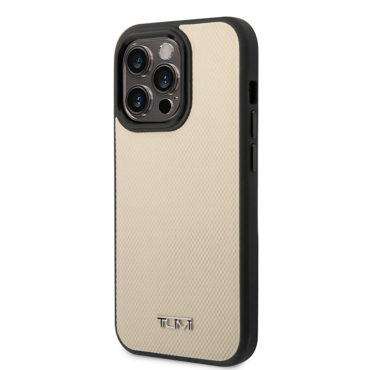 Tumi iPhone 14 Pro Backcover hoesje - Magsafe - Leather - Embossed Balistic Pattern - Beige-Hoesjes-Ilumina Benelux