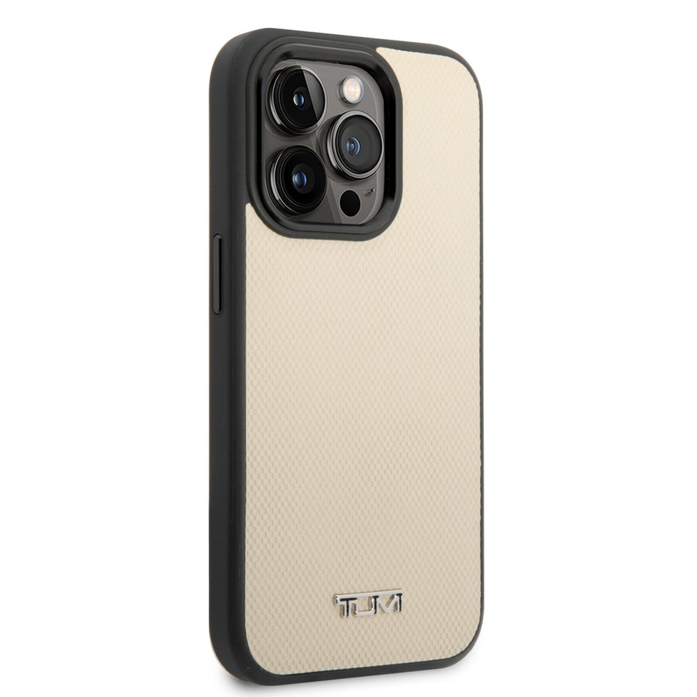 Tumi iPhone 14 Pro Backcover hoesje - Magsafe - Leather - Embossed Balistic Pattern - Beige-Hoesjes-Ilumina Benelux