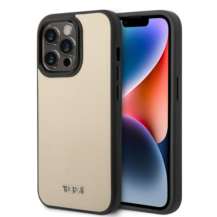 Tumi iPhone 14 Pro Backcover hoesje - Magsafe - Leather - Embossed Balistic Pattern - Beige-Hoesjes-Ilumina Benelux