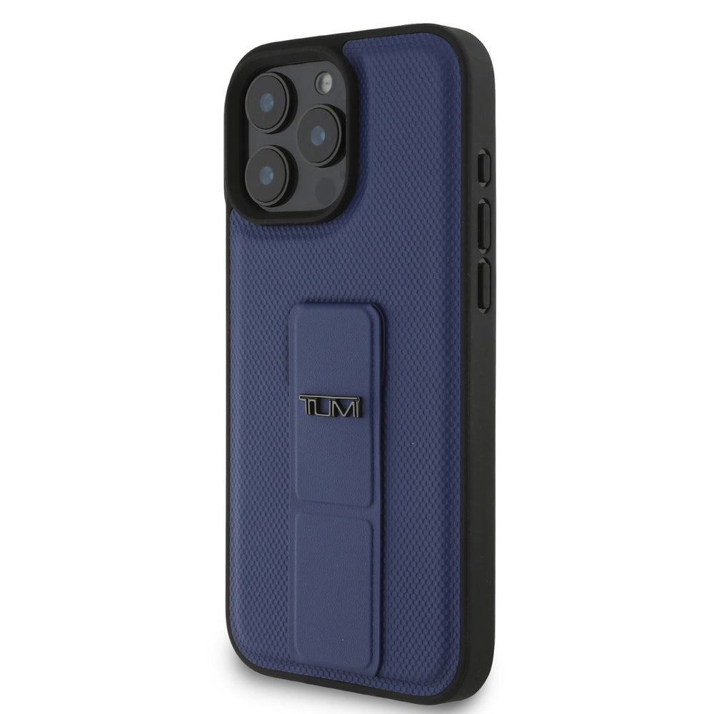 Tumi iPhone 16 Pro Max Backcover hoesje - Leather with Grip Stand - Embossed Balistic Pattern - Blauw-Hoesjes-Ilumina Benelux