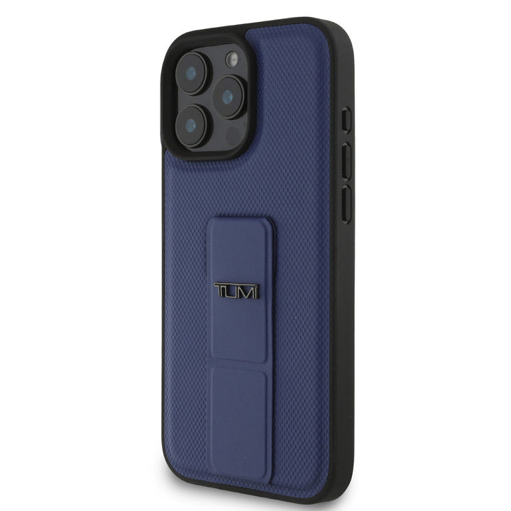 Tumi iPhone 16 Pro Max Backcover hoesje - Leather with Grip Stand - Embossed Balistic Pattern - Blauw-Hoesjes-Ilumina Benelux