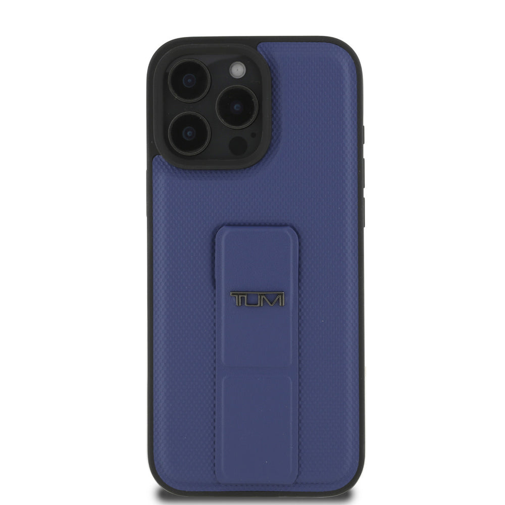 Tumi iPhone 16 Pro Max Backcover hoesje - Leather with Grip Stand - Embossed Balistic Pattern - Blauw-Hoesjes-Ilumina Benelux