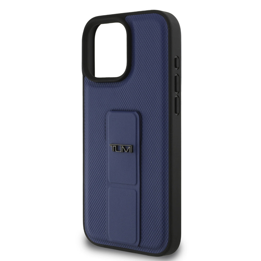 Tumi iPhone 16 Pro Max Backcover hoesje - Leather with Grip Stand - Embossed Balistic Pattern - Blauw-Hoesjes-Ilumina Benelux