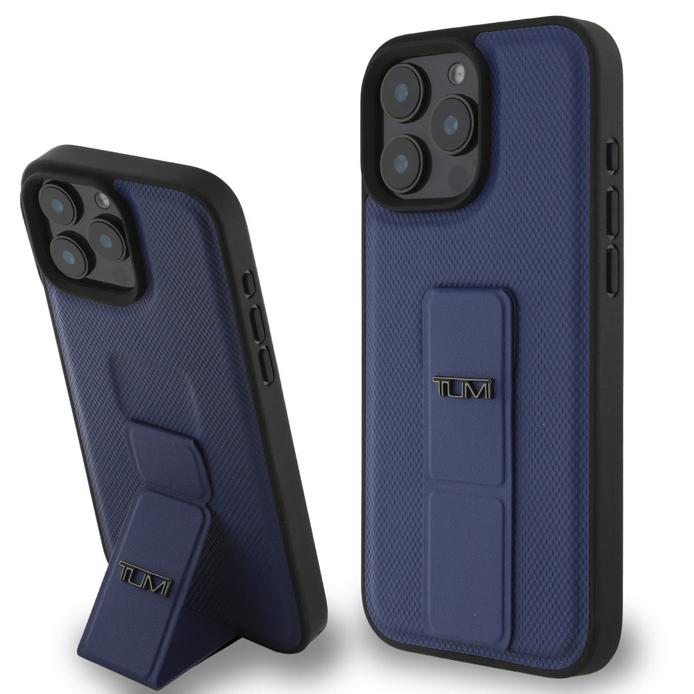 Tumi iPhone 16 Pro Max Backcover hoesje - Leather with Grip Stand - Embossed Balistic Pattern - Blauw-Hoesjes-Ilumina Benelux