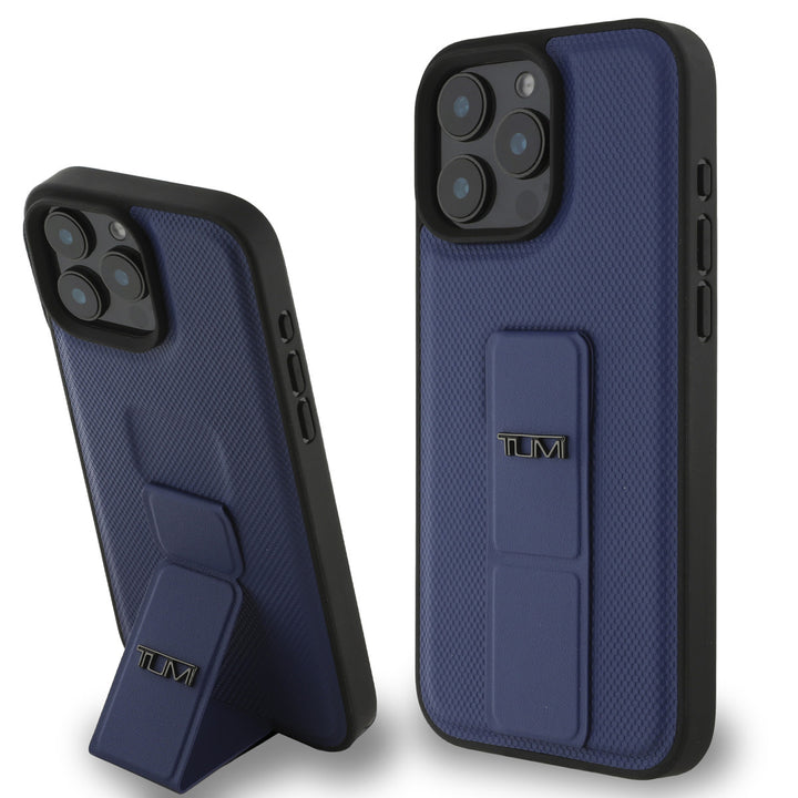 Tumi iPhone 16 Pro Max Backcover hoesje - Leather with Grip Stand - Embossed Balistic Pattern - Blauw-Hoesjes-Ilumina Benelux