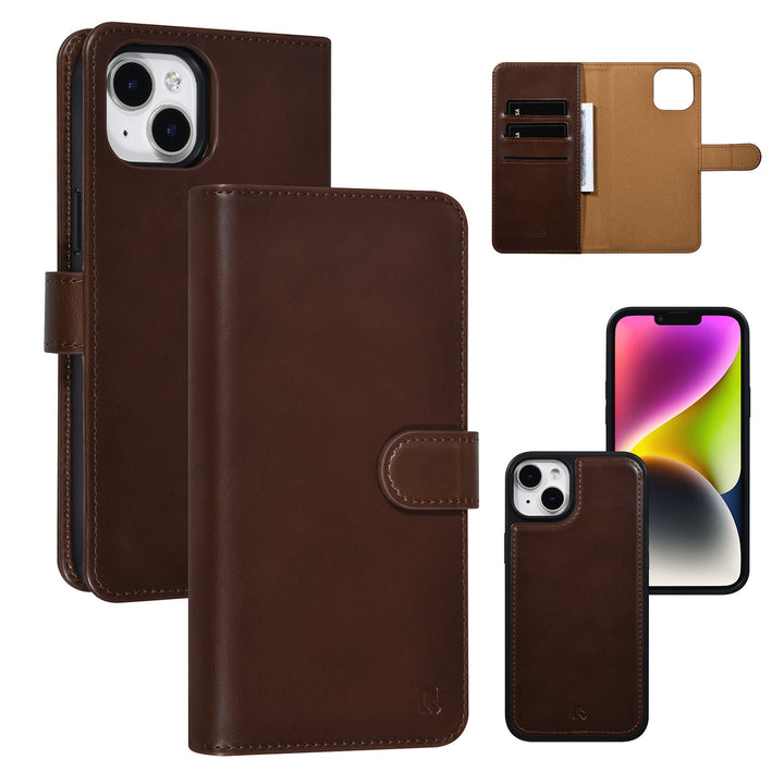 UNIQ Accessory 2 in 1 Bruin iPhone 14 & 15 Plus Booktype en Backcover Pasjeshouder - Magneetsluiting-Hoesjes-Ilumina Benelux