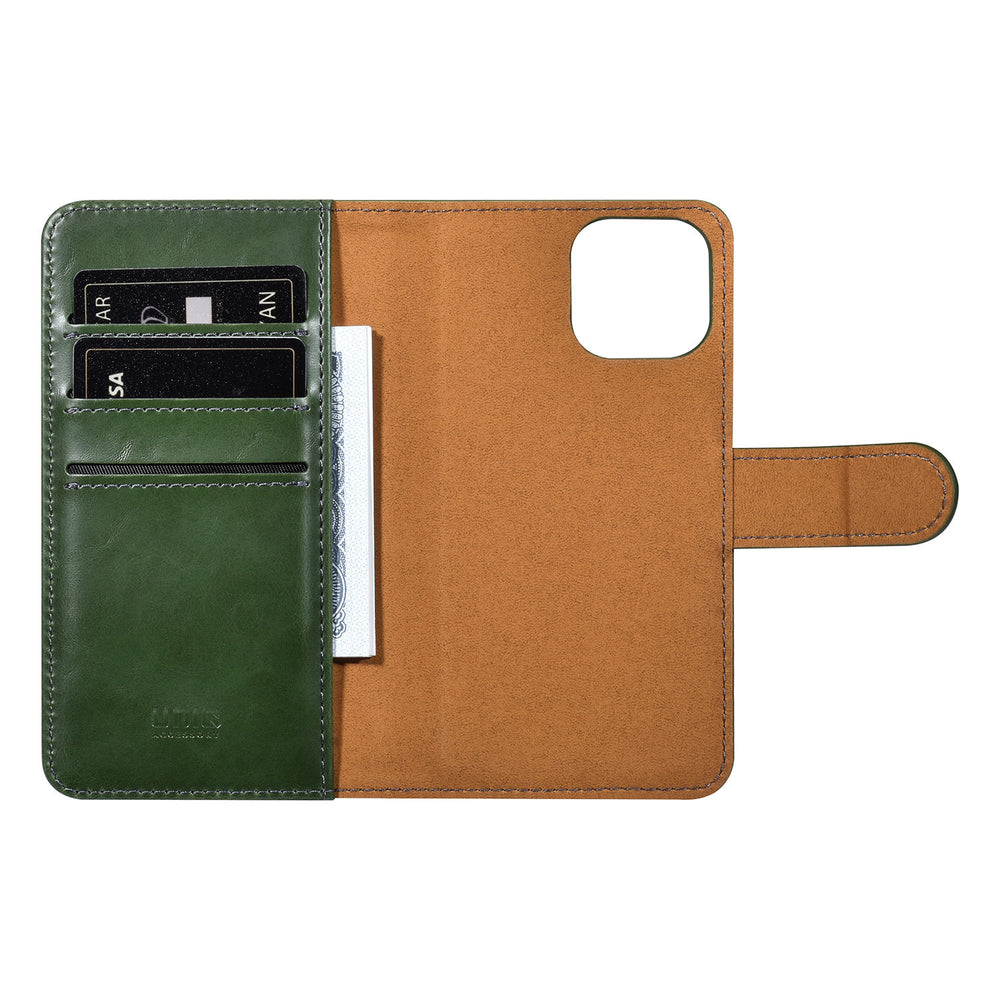 UNIQ Accessory 2 in 1 Groen iPhone 13 Mini Booktype en Backcover Pasjeshouder - Magneetsluiting-Hoesjes-Ilumina Benelux