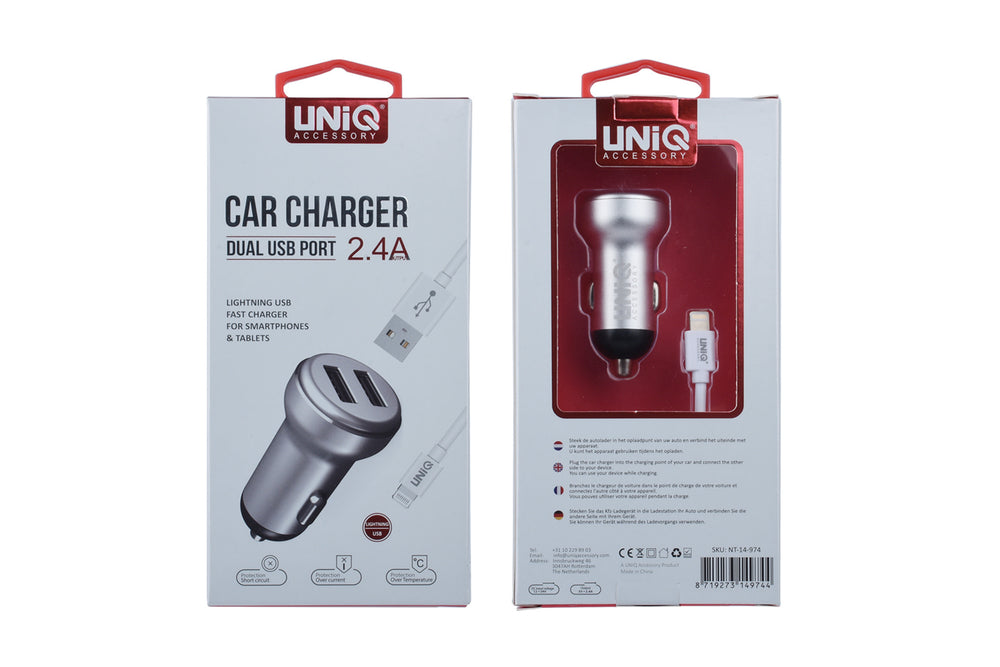 UNIQ Accessory Autolader Apple Lightning met 2x USB - Zilver-Oplader-Ilumina Benelux