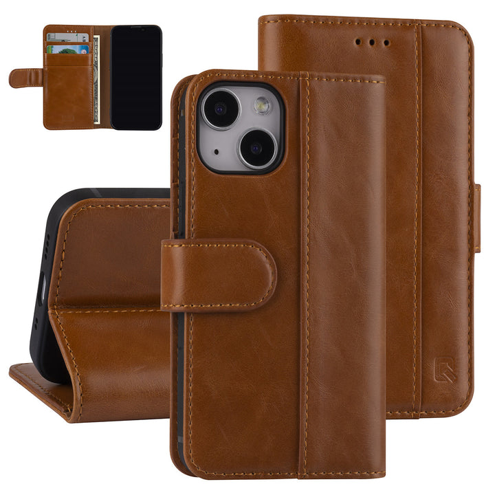 UNIQ Accessory Bruin hoesje voor iPhone 13 Mini - Book Case - Pasjeshouder voor 3 pasjes - Magneetsluiting-Hoesjes-Ilumina Benelux