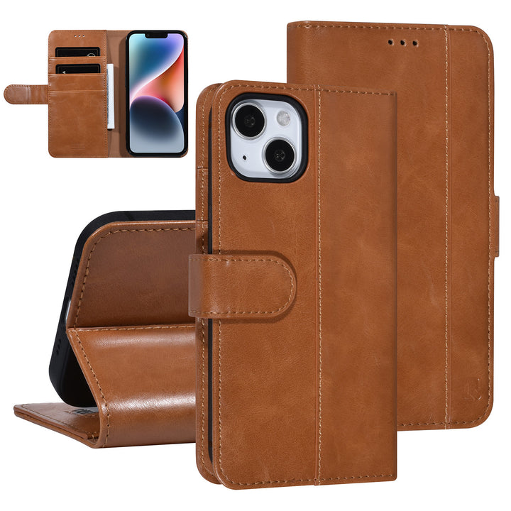 UNIQ Accessory Bruin iPhone 14 & 13 Booktype Pasjeshouder voor 3 pasjes - Magneetsluiting-Hoesjes-Ilumina Benelux