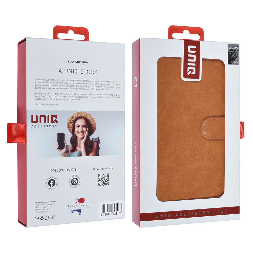 UNIQ Accessory Bruin iPhone 14 & 15 Plus Booktype Pasjeshouder voor 9 pasjes - Magneetsluiting-Hoesjes-Ilumina Benelux