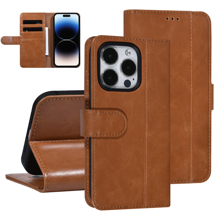 UNIQ Accessory Bruin iPhone 14 Pro Booktype Pasjeshouder voor 3 pasjes - Magneetsluiting-Hoesjes-Ilumina Benelux