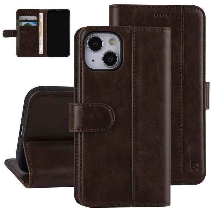 UNIQ Accessory Donker Bruin hoesje voor iPhone 13 & 14 - Book Case - Pasjeshouder voor 3 pasjes - Magneetsluiting-Hoesjes-Ilumina Benelux