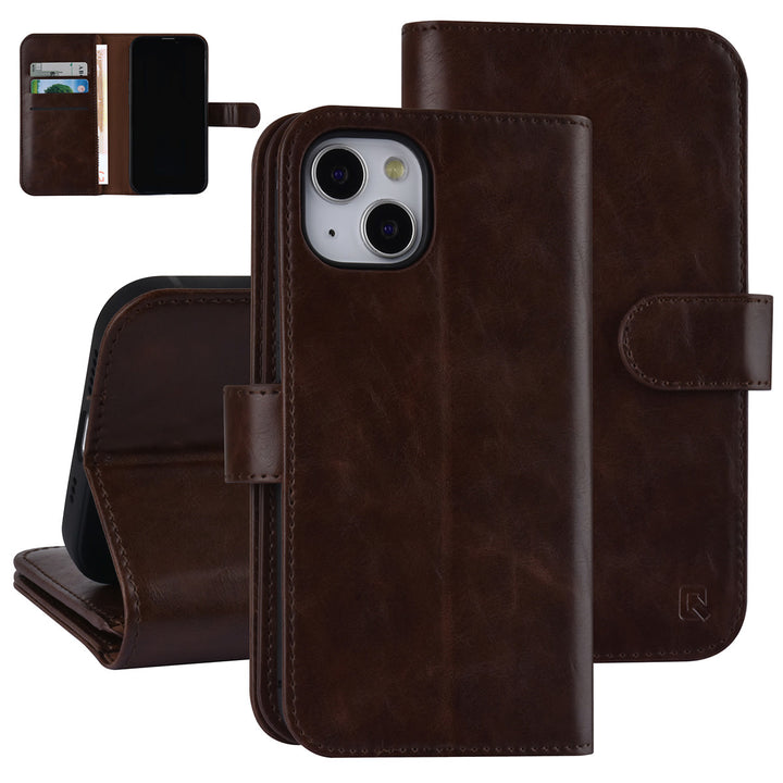 UNIQ Accessory Donker Bruin hoesje voor iPhone 13 & 14 - Book Case - Pasjeshouder voor 9 pasjes - Magneetsluiting-Hoesjes-Ilumina Benelux