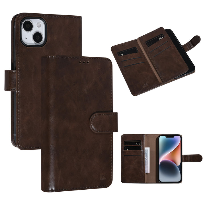 UNIQ Accessory DonkerBruin iPhone 14 & 13 Booktype Pasjeshouder voor 9 pasjes - Magneetsluiting-Hoesjes-Ilumina Benelux