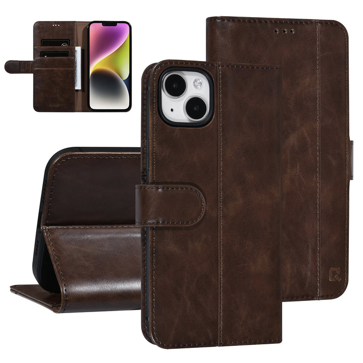 UNIQ Accessory DonkerBruin iPhone 14 & 15 Plus Booktype Pasjeshouder voor 3 pasjes - Magneetsluiting-Hoesjes-Ilumina Benelux