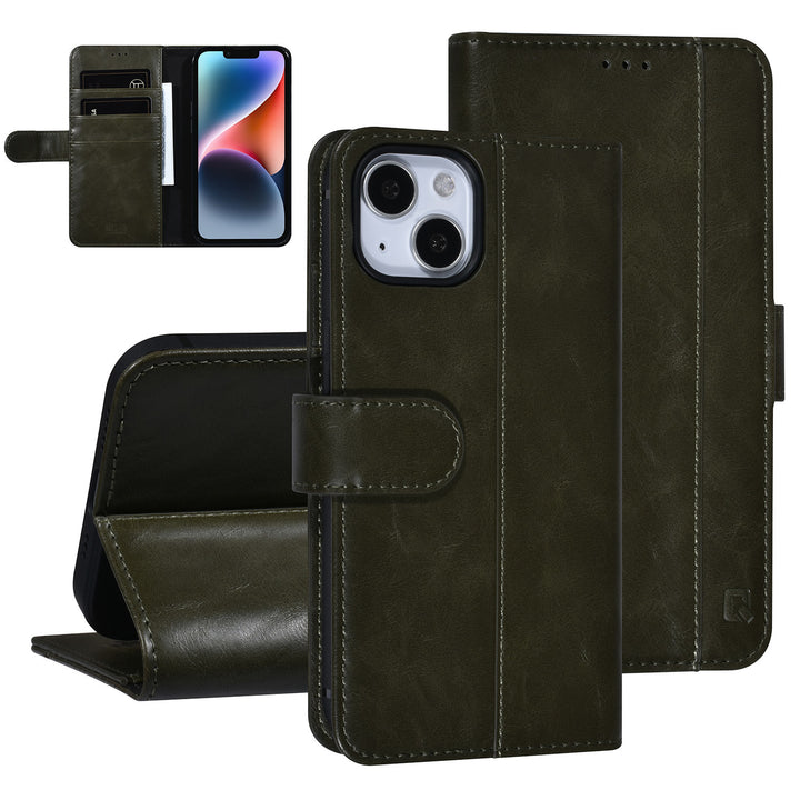 UNIQ Accessory DonkerGroen iPhone 14 & 13 Booktype Pasjeshouder voor 3 pasjes - Magneetsluiting-Hoesjes-Ilumina Benelux