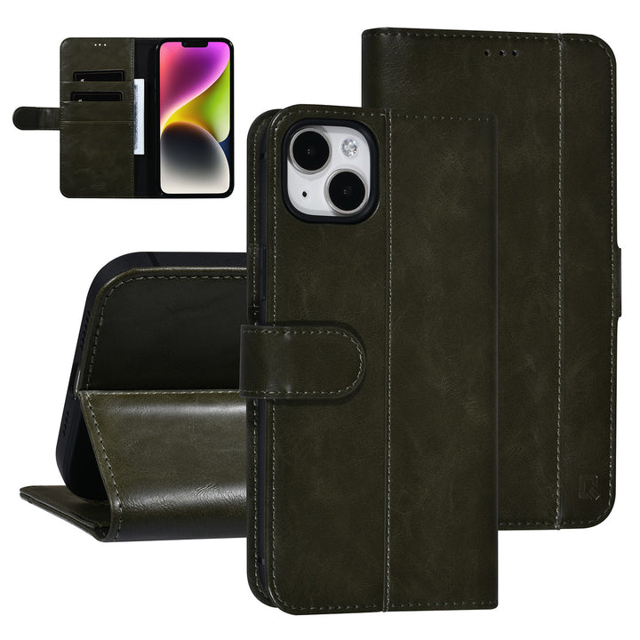 UNIQ Accessory DonkerGroen iPhone 14 & 15 Plus Booktype Pasjeshouder voor 3 pasjes - Magneetsluiting-Hoesjes-Ilumina Benelux