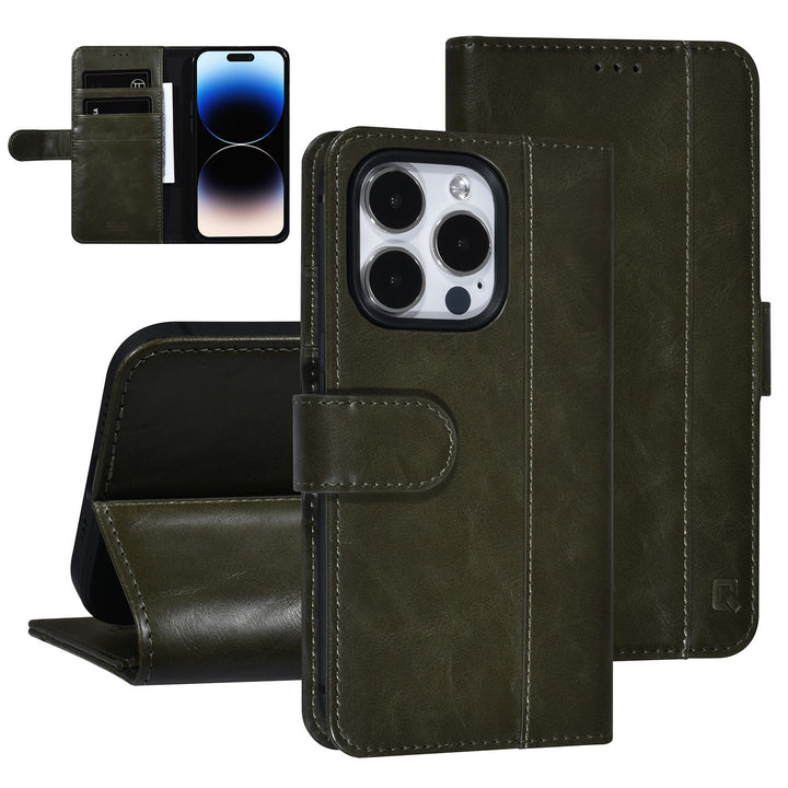 UNIQ Accessory DonkerGroen iPhone 14 Pro Booktype Pasjeshouder voor 3 pasjes - Magneetsluiting-Hoesjes-Ilumina Benelux